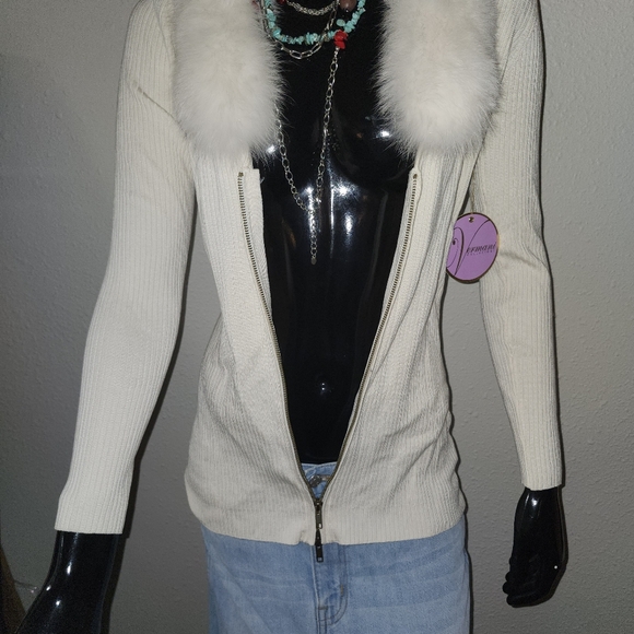 Vermani Silk Zip Up Sweater With Detachable Fur Collar Sz S - Picture 2 of 5